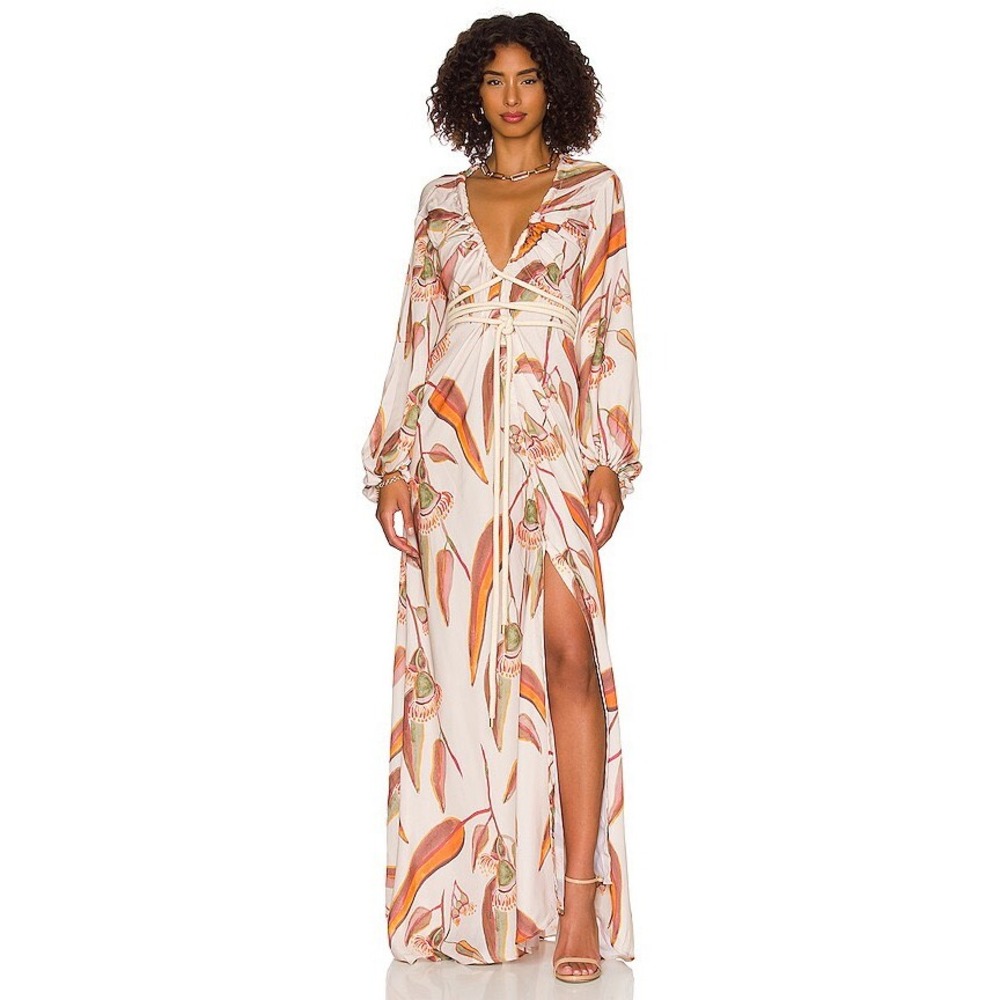 Andrea Iyamah Neema Robe Dress Eucalyptus Leaf L/XL Luxury Resortwear Tropical